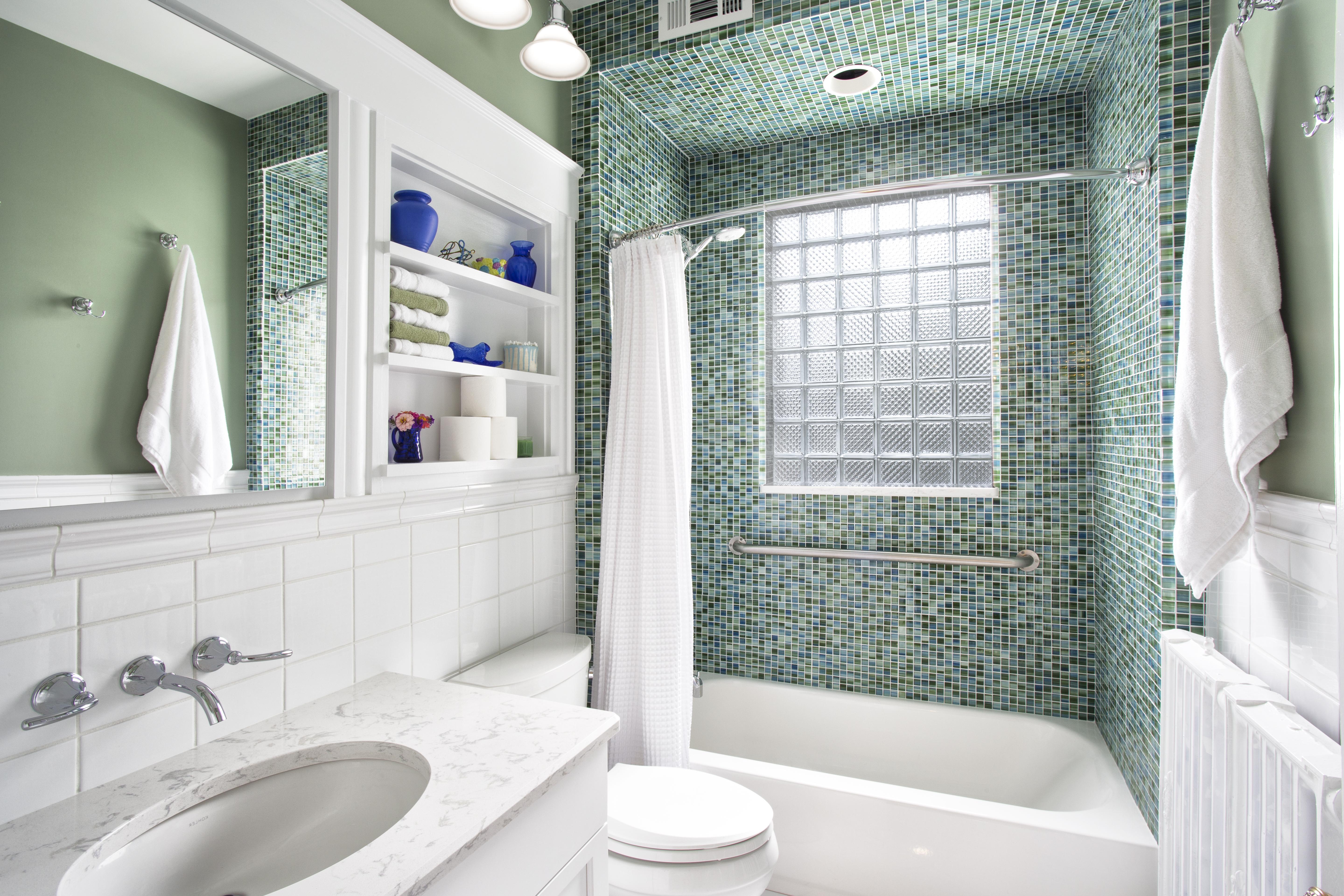 Bathroom remodel: glass block, glass tile, built-in shelves, custom vanity, Wilcox Architecture